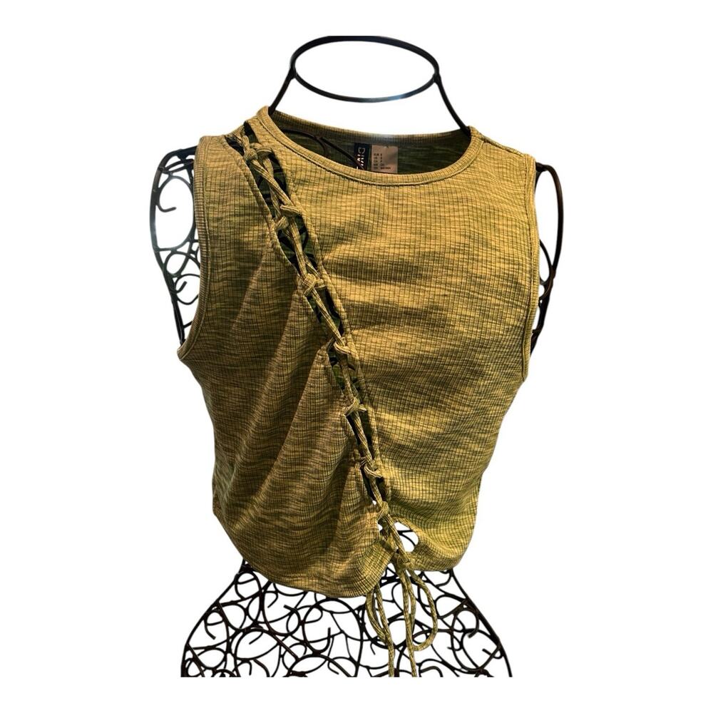 Divided H&M Women's Size Small Ribbed Green Lace Cinch Up Crop Top